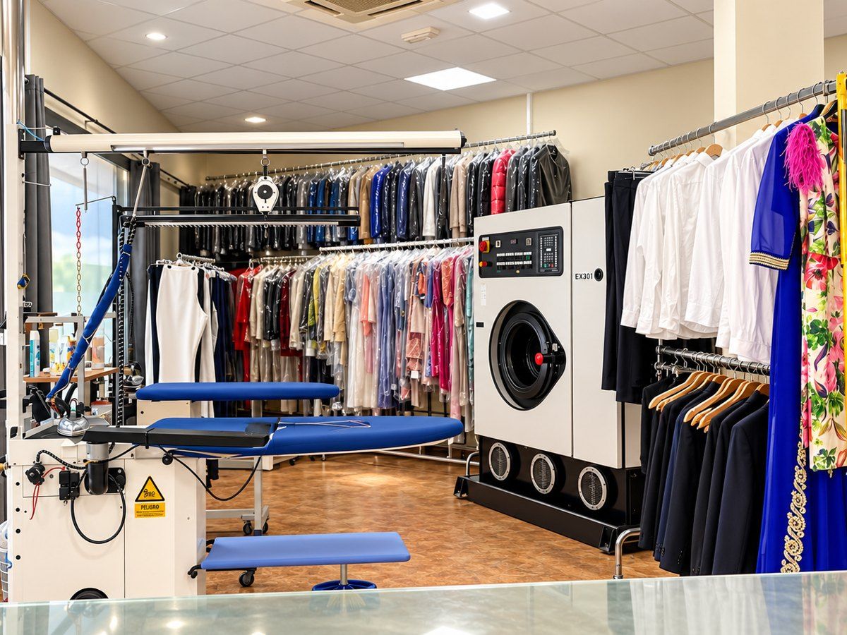 Interior del taller con la máquina de limpieza en seco y ropa colgada